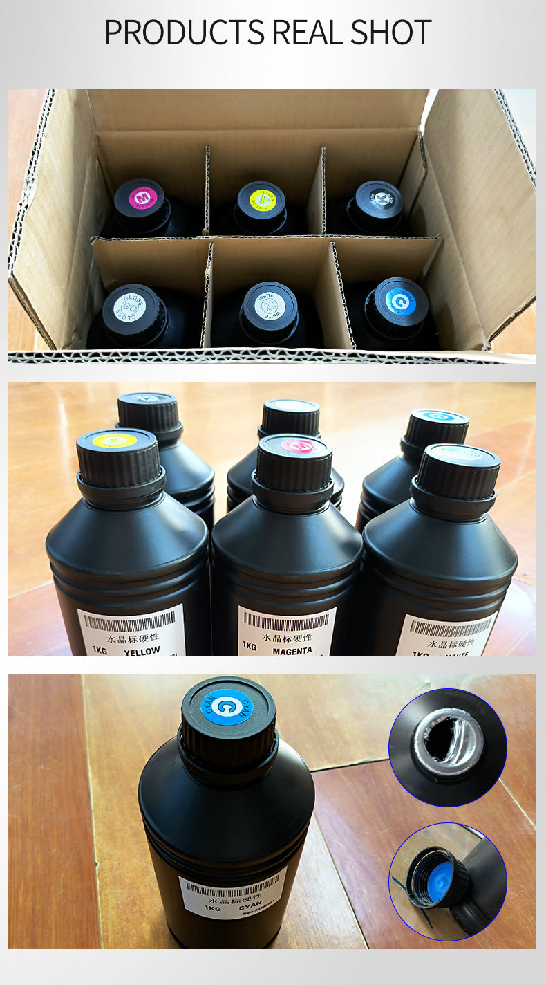 UV Ink – 1 Liter Bottles: CMYK + White + Gloss